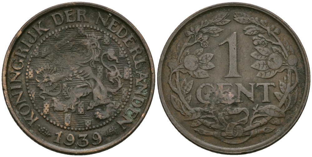 Нидерланды 1 цент 1939 Вильгельмина (1890-1948) KM 152 бронза 4576-1138