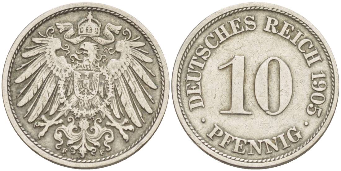 Германия 10 пфеннигов 1905 F KM 12, Jager 13, Weege 8 медно-никель 219-116