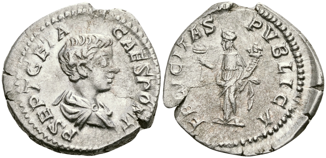 Римская Империя денарий 203 Гета в ранге цезаря FELICITAS PVBLICA Фелицитата, персонификация Счастья Рим Good Very fine RIC 9а серебро 000-00-00