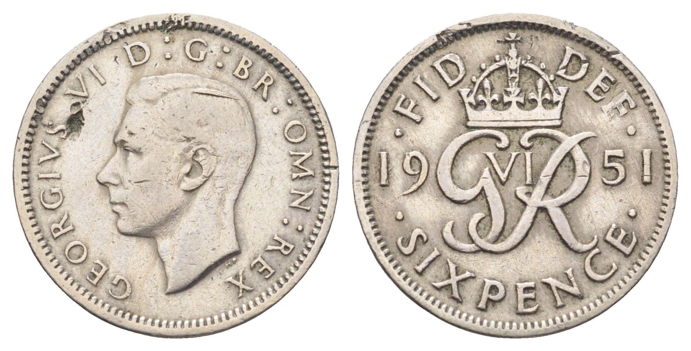 Великобритания 6 пенсов 1951 Георг VI (1936-1952) KM 875, Spink 4110 медно-никель 4697-641