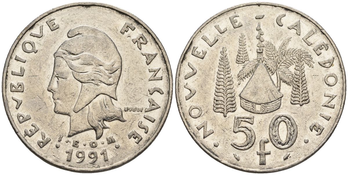 Французская Новая Каледония 50 франков 1991 хижина среди сосен и пальм, (IEOM) KM 13, Schoen 15, Lec 121 никель 4120-914