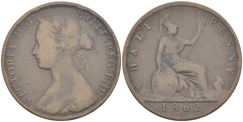 Великобритания 1/2 пенни 1862 Виктория (1837-1901) KM 748.2, Spink 3956 бронза 4543-1237