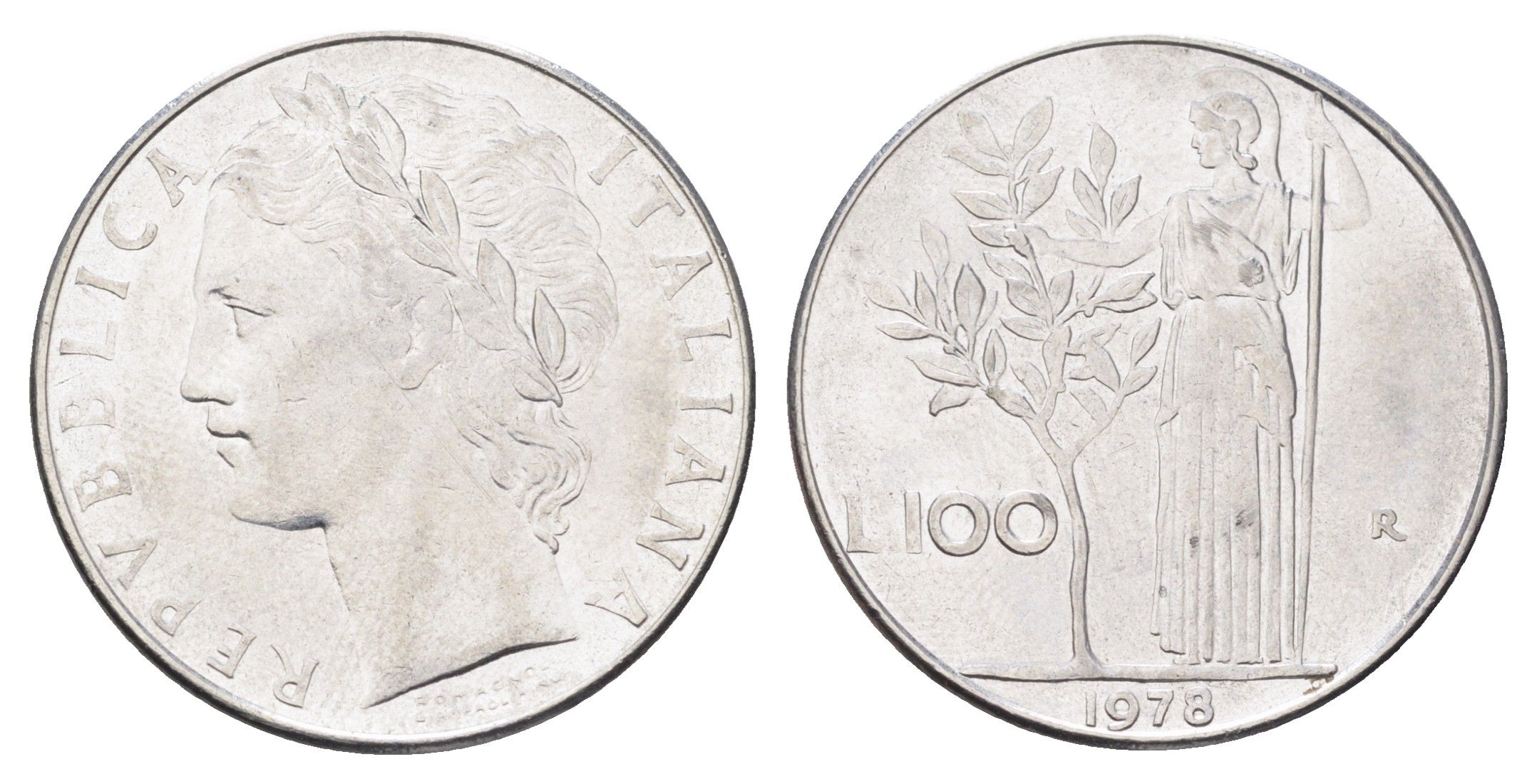 Италия 100 лир 1978 R, Афина в доспехах KM 96.1 нержавеющая сталь 4704-753