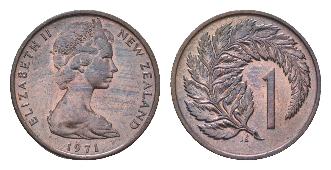 Новая Зеландия 1 цент 1971 Елизавета II (1952-2022), лист папоротника KM 31.1 бронза UNC 4690-825
