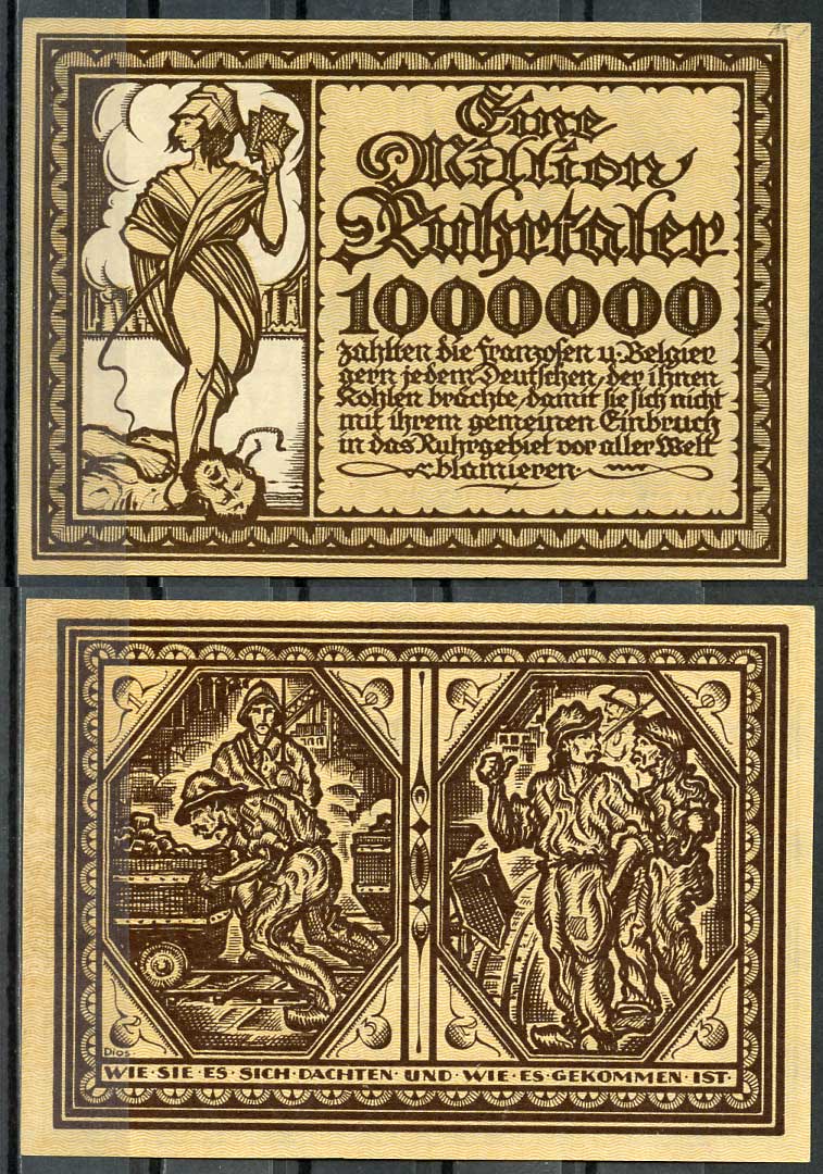 Германия, Рурская область 1000000 рурских талеров 1923 нотгельд пропаганды бумага UNC (пресс) 444-60-2-1