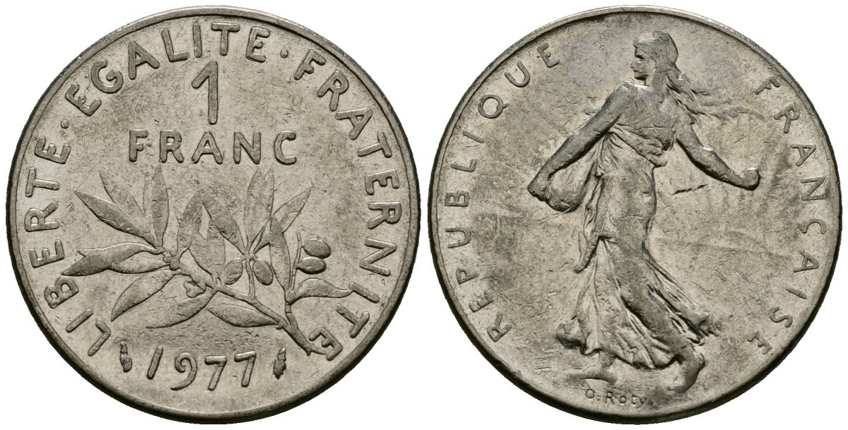 Франция 1 франк 1977 сеятель KM 925.1, Le Franc 226.4 никель 4138-315