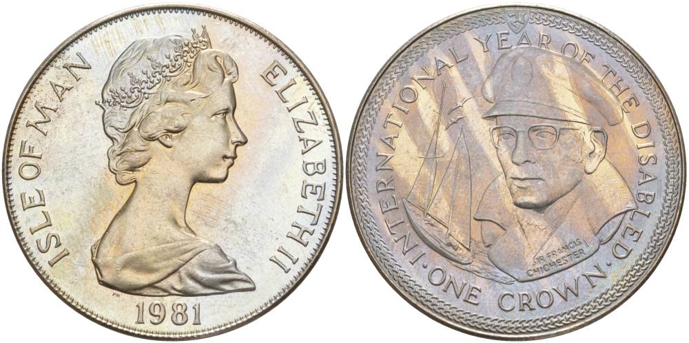 Остров Мэн 1 крона 1981 Международный год инвалидов, Сэр Фрэнсис Чичестер, яхта KM 80 медно-никель UNC 118-1224