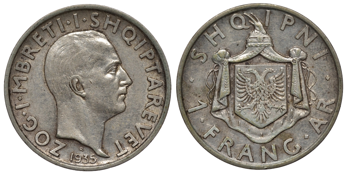 Албания 1 франга ари 1935 R, Ахмет Зогу I (1928-1939) KM 16 серебро 441-1624