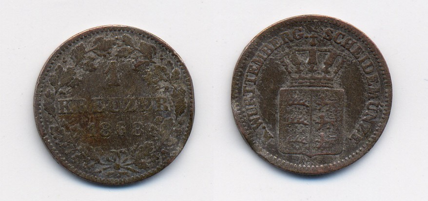 Вюртемберг 1 крейцер 1868 Карл I (1864-1891) KM 612 серебро 71-1554