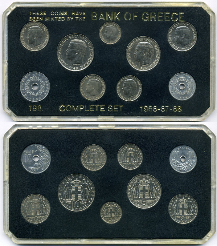 Греция набор из 9 монет 1966-1968 в пластике, монеты из обращения 3-6-3-46