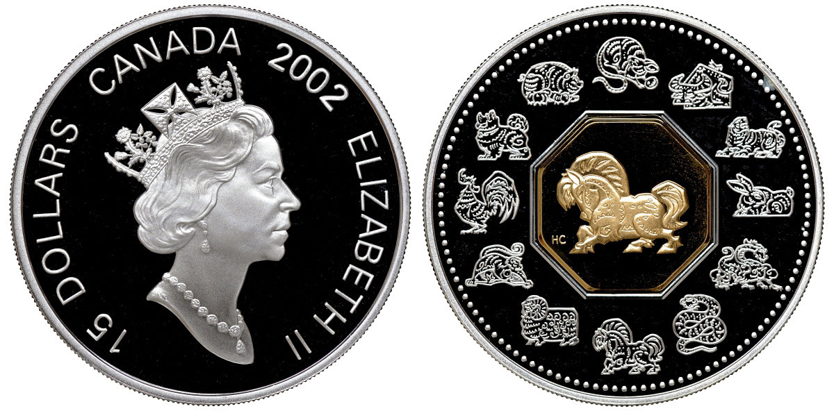 Канада 15 долларов 2002 Лунный календарь, год Лошади, в оригинальной коробке, с сертификатом, серебро позолота PROOF 4-3-2-24