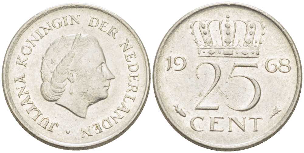 НИДЕРЛАНДЫ 25 ЦЕНТОВ 1968 ЮЛИАНА (1948-1980) KM 183 никель 214-953