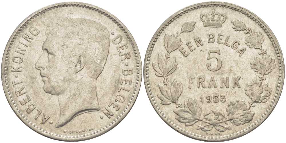 БЕЛЬГИЯ 5 ФРАНКОВ 1933 АЛЬБЕРТ I, DER BELGEN KM 98 никель 3851-435