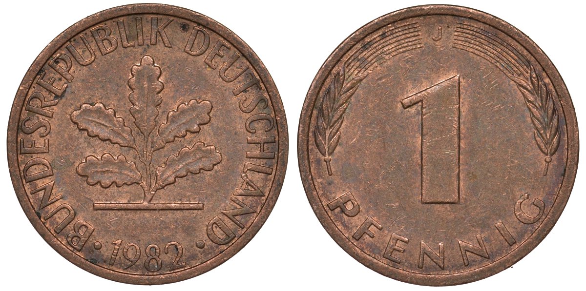ФРГ 1 пфенниг 1982 J KM 105 сталь плакированная медью 4124-569
