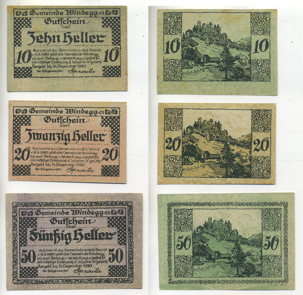 Австрия набор из 3 банкнот 1920 15 мая 1920-31 декабря 1920, нотгельд, 10, 20, 50 геллеров, MINDEGGO   бумага  XF 7555-6-4-2