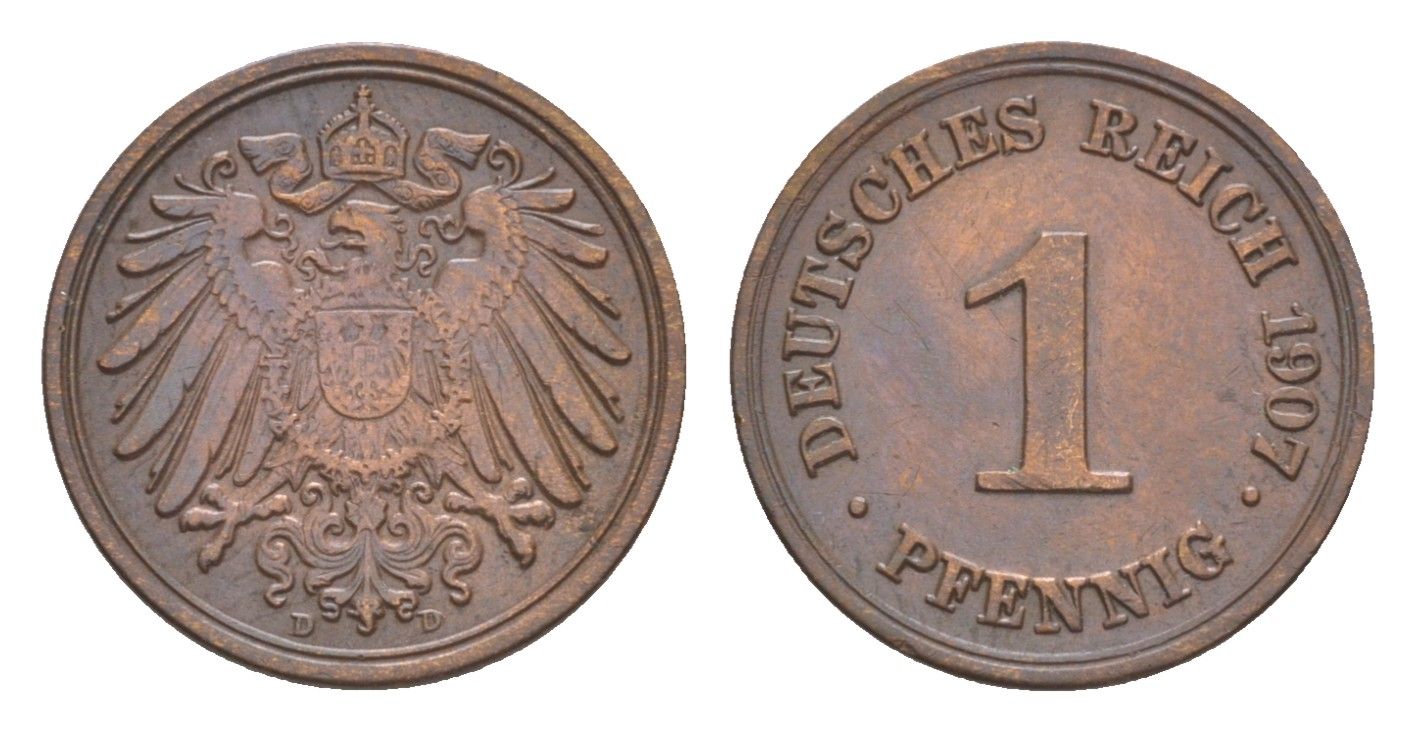 Германия 1 пфенниг 1907 D, Вильгельм II (1888-1918) KM 10, J. 10 медь 4639-1131