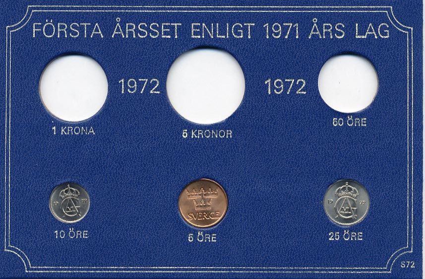 Швеция 5, 10, 25 эре 1972 Густав VI Адольф (1950-1973) в картоне набора монетного двора UNC 7-5-7-268