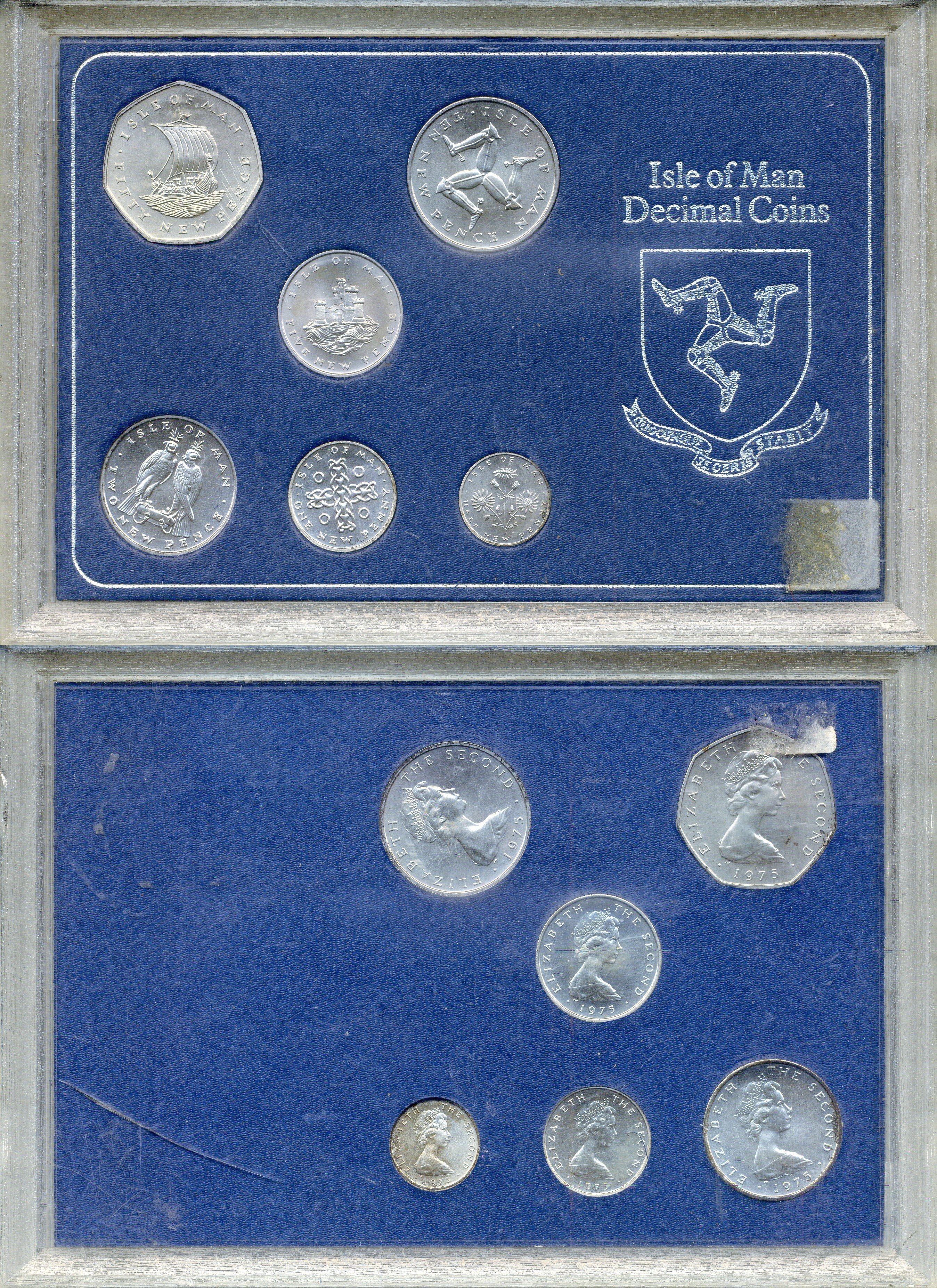 Остров Мэн набор из 6 монет (1/2, 2, 2, 5, 10 и 50 пенсов) 1975 в оригинальной упаковке KM MS6 (19a, 20a, 21a, 22a, 23a и 24a) серебро BU 4-3-1-25