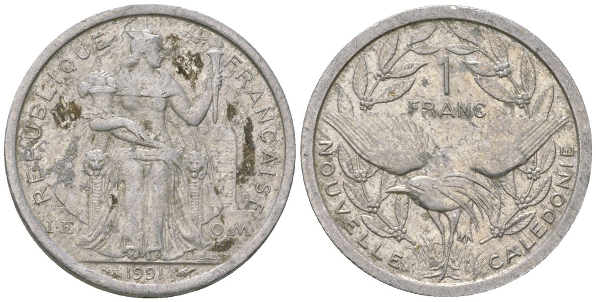 Французская Новая Каледония 1 франк 1991 птица кагу, (IEOM) KM 10, Schoen 10, Lec 51 алюминий 53-845