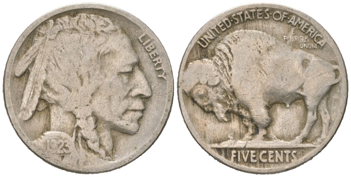 США 5 центов 1923 индеец, бизон KM 134 медно-никель 4614-1048