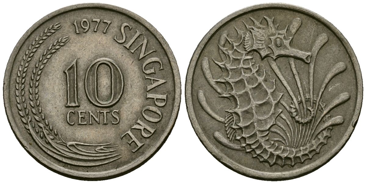 Сингапур 10 центов 1977 морской конёк KM 3 медно-никель 4136-1037