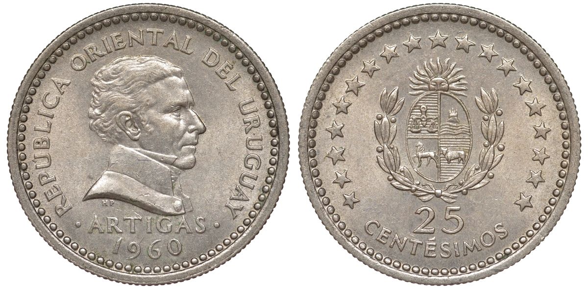 Уругвай 25 сентесимо 1960 KM 40 медно-никель 4576-863