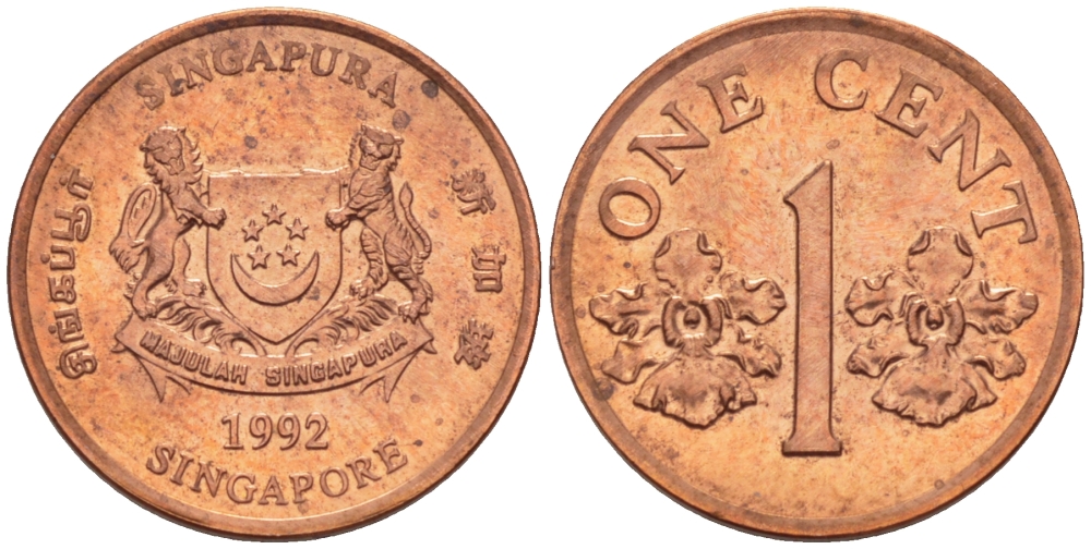 Сингапур 1 цент 1992 sm KM 98 цинк плакированный медью 66-348