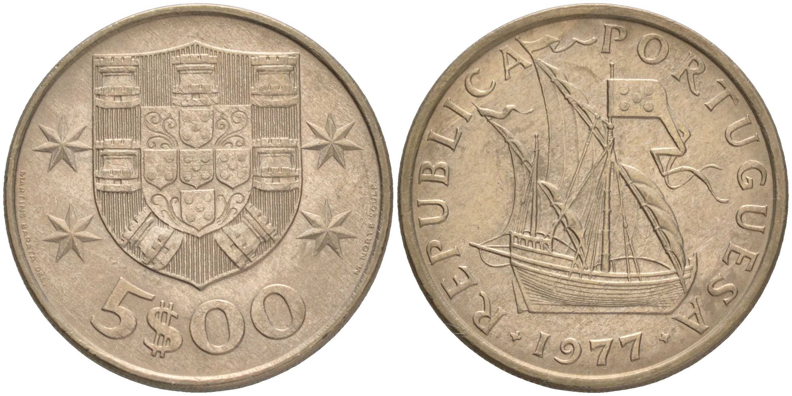 ПОРТУГАЛИЯ 5 ЭСКУДО 1977 ПАРУСНИК KM 591 медно-никель 4561-747