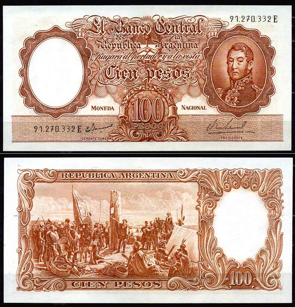 Аргентина 100 песо 1967-1969 серия Е 91270, Генерал Сан Мартин, подпись E. LANNELLA-P.E. REAL Pick 277 бумага UNC (пресс)  000-00-00