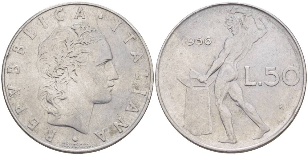 Италия 50 лир 1956 R, бог огня Вулкан у наковальни KM 95.1 нержавеющая сталь 4551-334