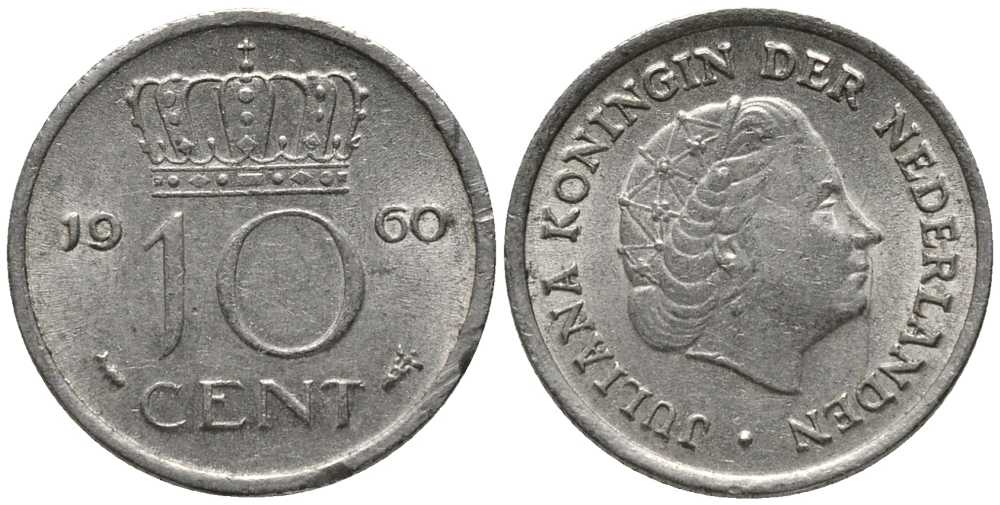 Нидерланды 10 центов 1960 Юлиана (1949-1980) KM 182 никель 112-728