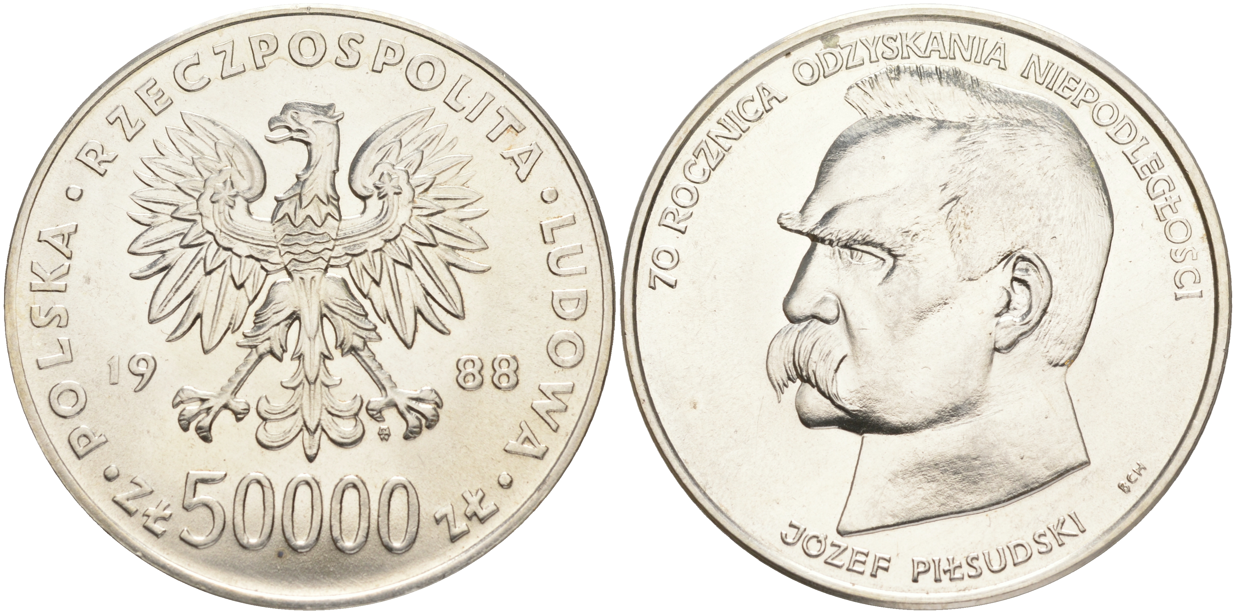 Польша 50000 злотых 1988 MW, 70 лет независимости Польши, Юзеф Пилсудский KM 180, Parchimowicz 372a серебро UNC 1091-8-22