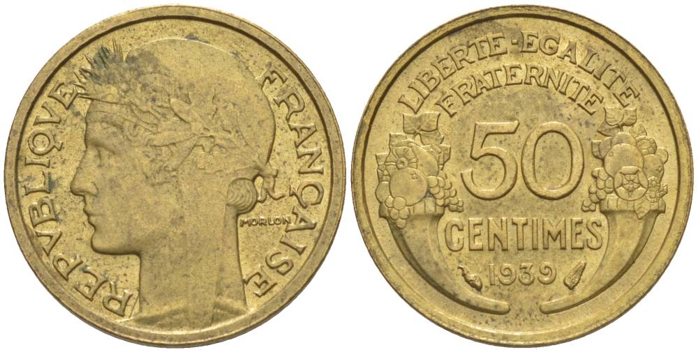 ФРАНЦИЯ 50 САНТИМОВ 1939 ТИП MORLON KM 894.1, LE FRANC 192.15 алюминиевая бронза 44-837