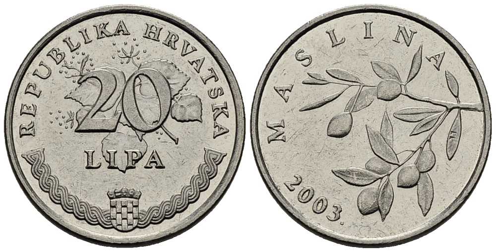 Хорватия 20 лип 2003 олива, легенда на хорватском KM 7 сталь плакированная никелем 211-825