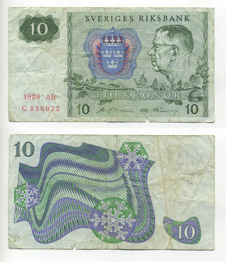 ШВЕЦИЯ 10 КРОН 1984 AB Pick 52e бумага XF 6317-26-3