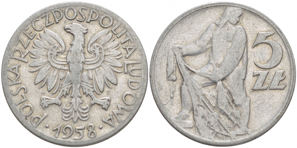 ПОЛЬША 5 ЗЛОТЫХ 1958 MW, РЫБАК KM 47 алюминий 4545-523