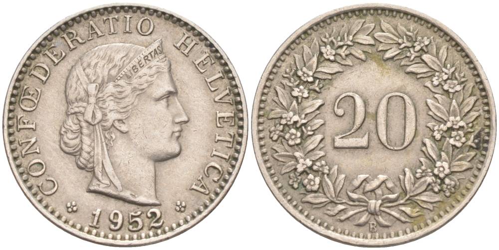 ШВЕЙЦАРИЯ 20 РАППЕНОВ 1952 В KM 29a медно-никель 55-725