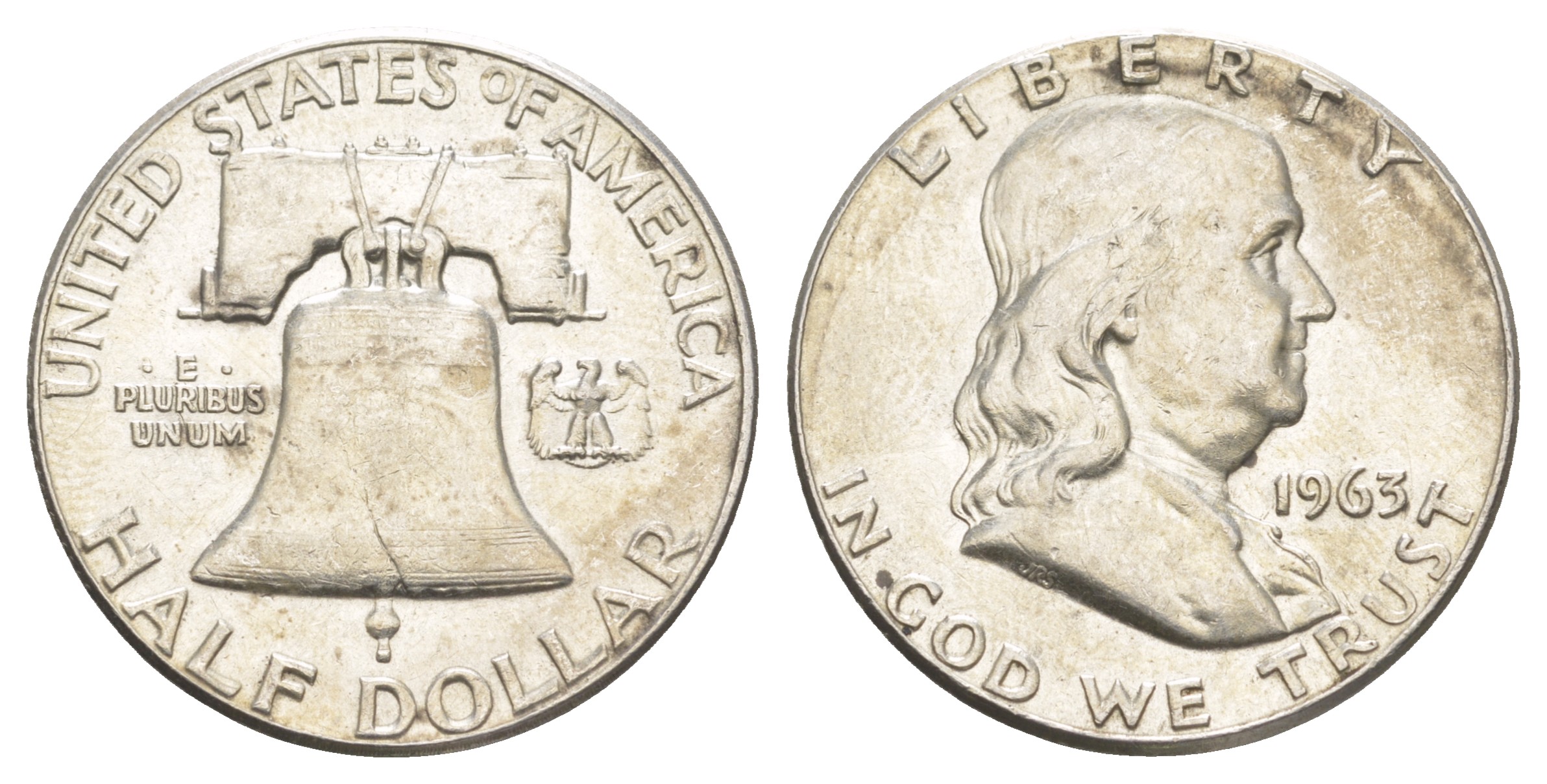 США 1/2 доллара (50 центов) 1963 Бенджамин Франклин, колокол KM 199 серебро  aUNC  4574-941