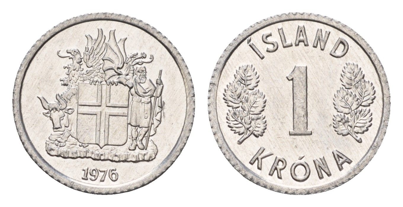 Исландия 1 крона 1976 KM 23 алюминий UNC 4687-767