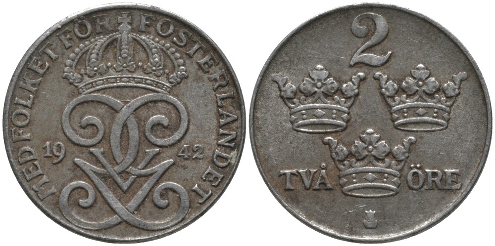 Швеция 2 эре 1942 Густав V (1907-1950) KM 811 железо 63-753