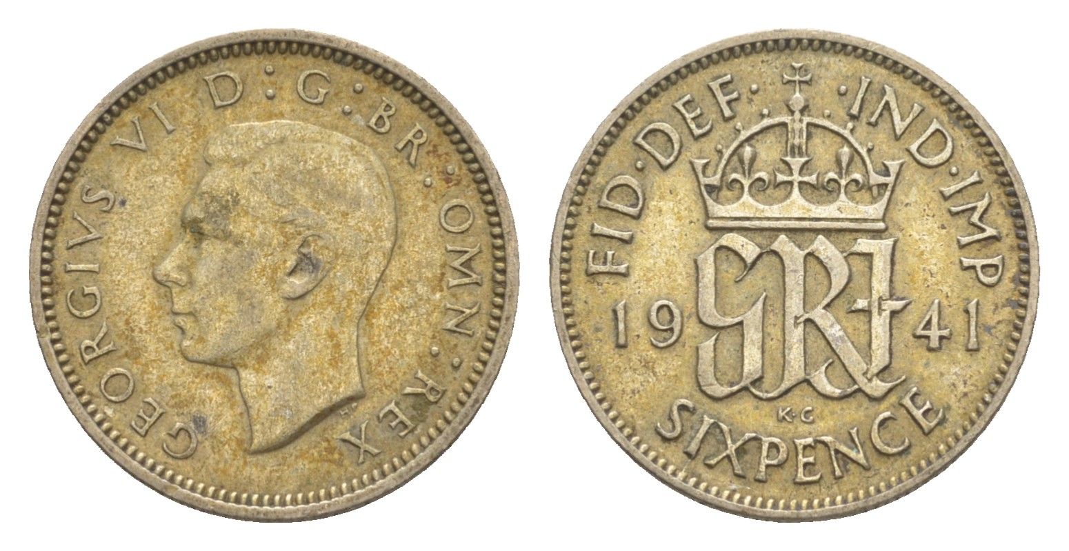 Великобритания 6 пенсов 1941 Георг VI (1936-1952) KM 852, Spink 4084 серебро 4643-852