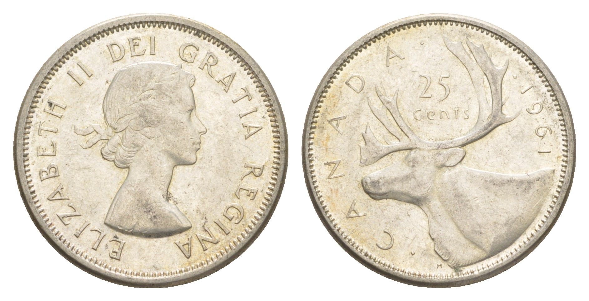 Канада 25 центов 1961 Елизавета II (1952-2022), олень KM 52 серебро 4541-947