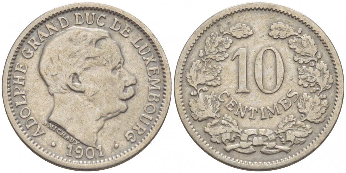 ЛЮКСЕМБУРГ 10 САНТИМОВ 1901 АДОЛЬФ (1890-1905) KM 25 медно-никель 4548-756