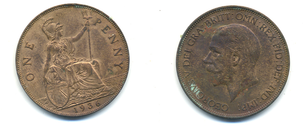 Великобритания 1 пенни 1936 Георг V (1910-1936) KM 838, Spink 4055 бронза 83-612