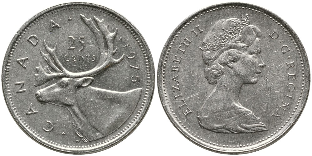 КАНАДА 25 ЦЕНТОВ 1975 ЕЛИЗАВЕТА II (1952-), ОЛЕНЬ, ВТОРОЙ ПОРТРЕТ В КОРОНЕ KM 62b никель 4543-735