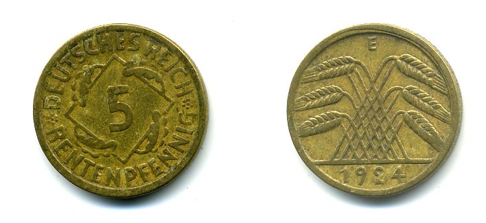 ГЕРМАНИЯ 5 РЕНТПФЕННИГОВ 1924 E J. 308, KM 32 алюминиевая бронза 46-2043