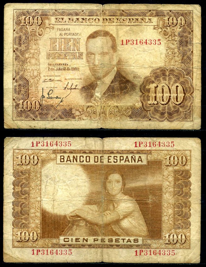 Испания 100 песет 1953 7 апреля 1953, Хулио Ромеро де Торрес Pick 145а бумага 7219-15-1-2
