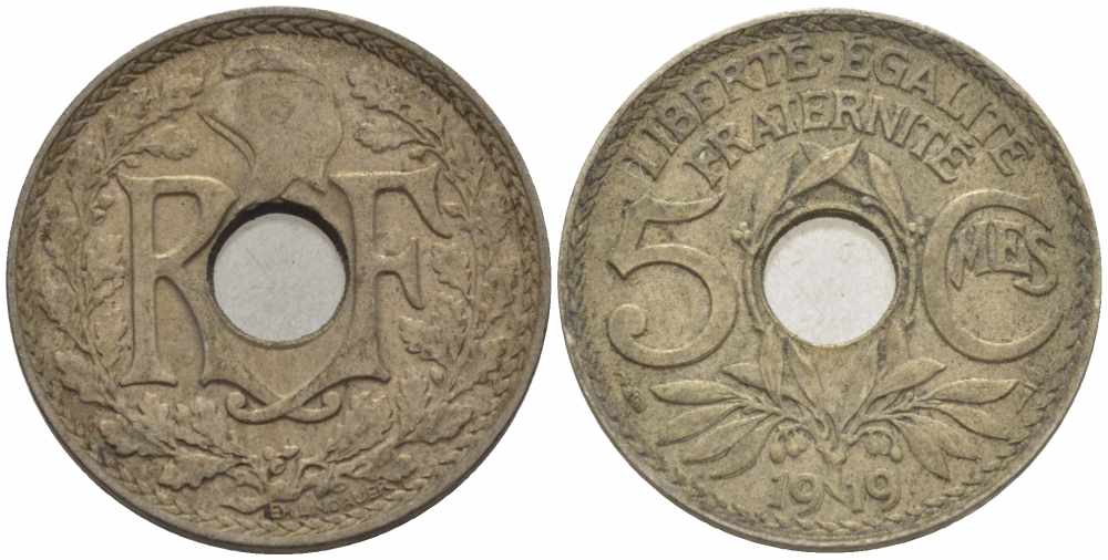 Франция 5 сантимов 1919 тип Линдайё KM 865, Le Franc 121.3 медно-никель 4379-1153