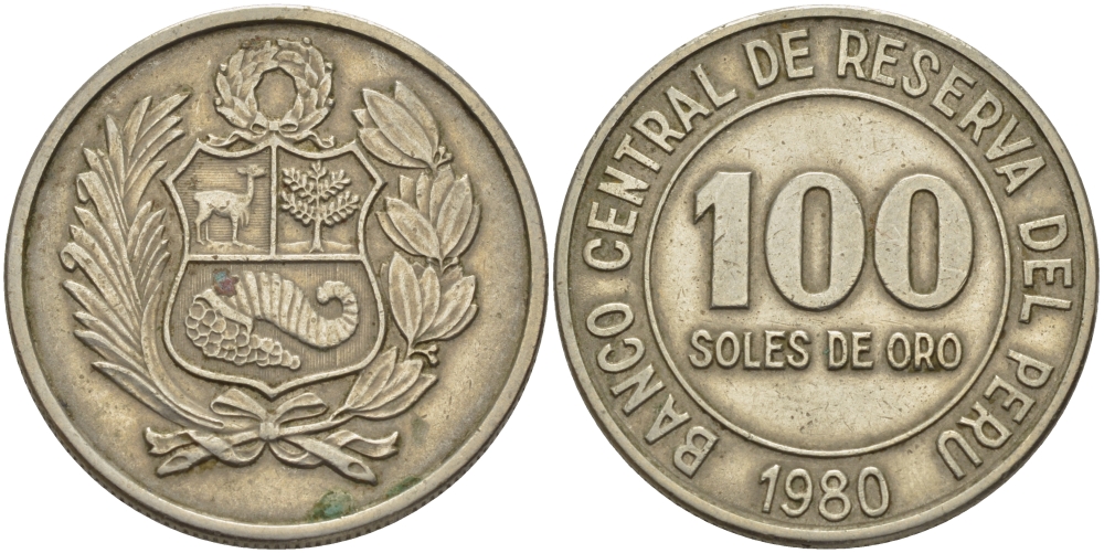 Перу 100 солей 1980 KM 283 медно-никель 4178-825