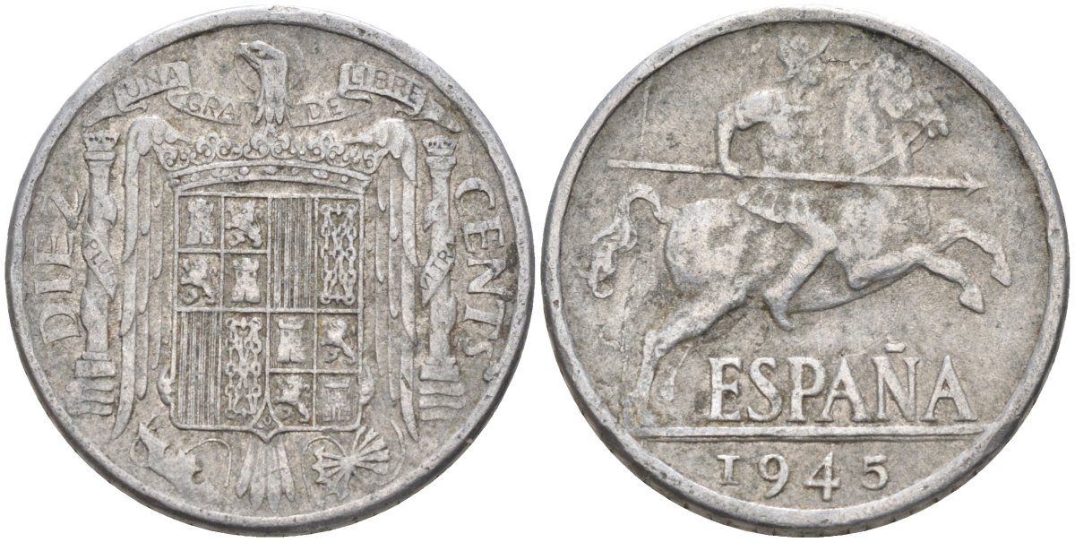 Испания 10 сентимо 1945 всадник KM 766 алюминий 4116-1053